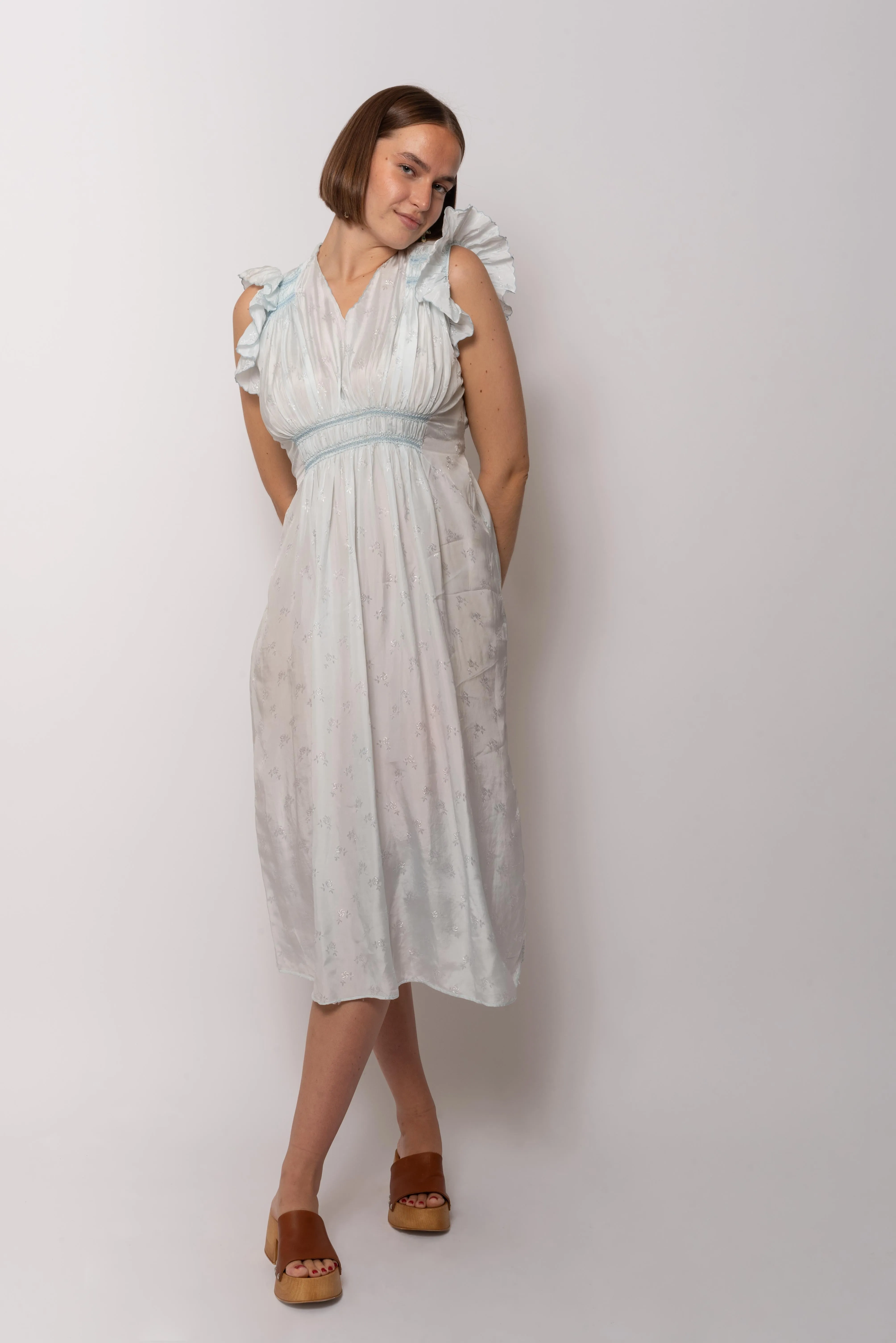 Vintage 1940s Rayon Sky Jacquard Floral Print Dress
