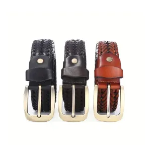 Vintage Unisex Braided Leather Belt Classic Pin Buckle Solid Color Belts Trendy Jeans Pants Belts For Women & Men