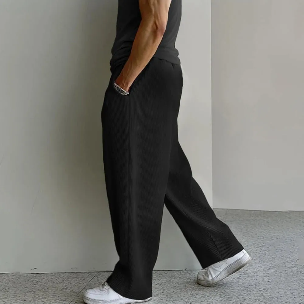 Wiaofellas  -  Mens Striped Pleated Wide Leg Trousers Genderless Trendy Loose High Street Casual Simple Comfortable Solid Color Pants Unisex