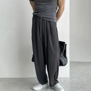 Wiaofellas  -  Mens Striped Pleated Wide Leg Trousers Genderless Trendy Loose High Street Casual Simple Comfortable Solid Color Pants Unisex