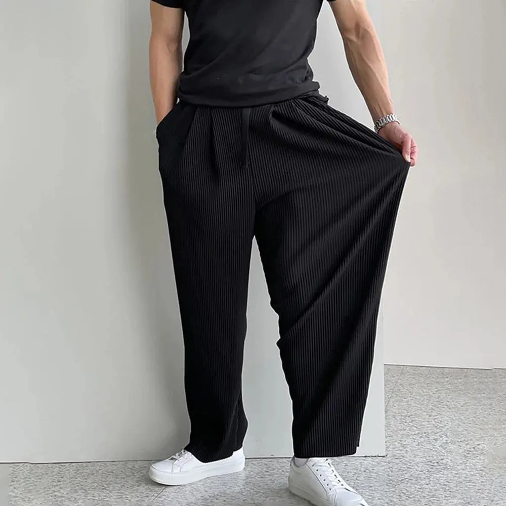 Wiaofellas  -  Mens Striped Pleated Wide Leg Trousers Genderless Trendy Loose High Street Casual Simple Comfortable Solid Color Pants Unisex