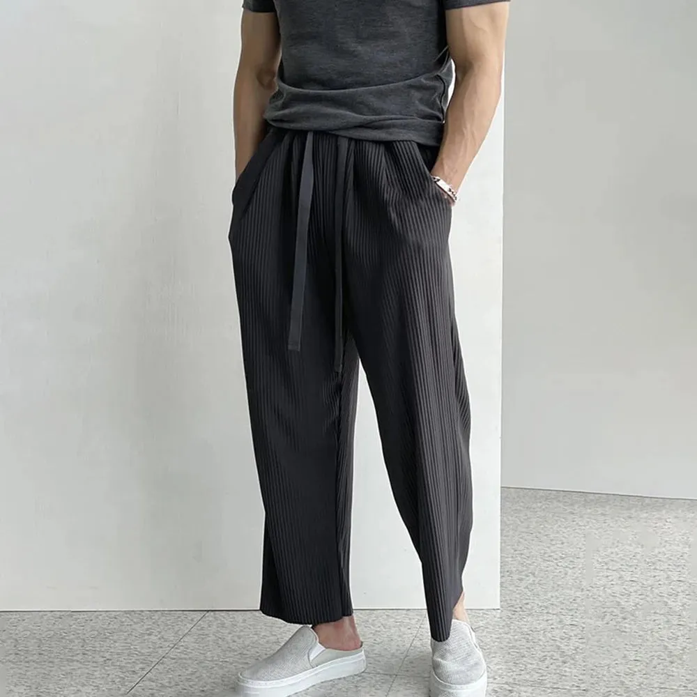 Wiaofellas  -  Mens Striped Pleated Wide Leg Trousers Genderless Trendy Loose High Street Casual Simple Comfortable Solid Color Pants Unisex