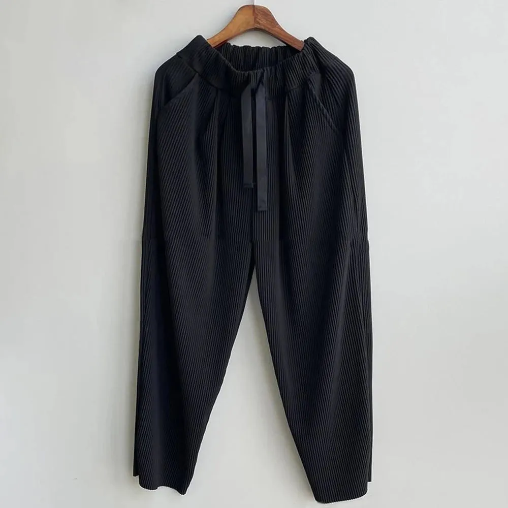 Wiaofellas  -  Mens Striped Pleated Wide Leg Trousers Genderless Trendy Loose High Street Casual Simple Comfortable Solid Color Pants Unisex
