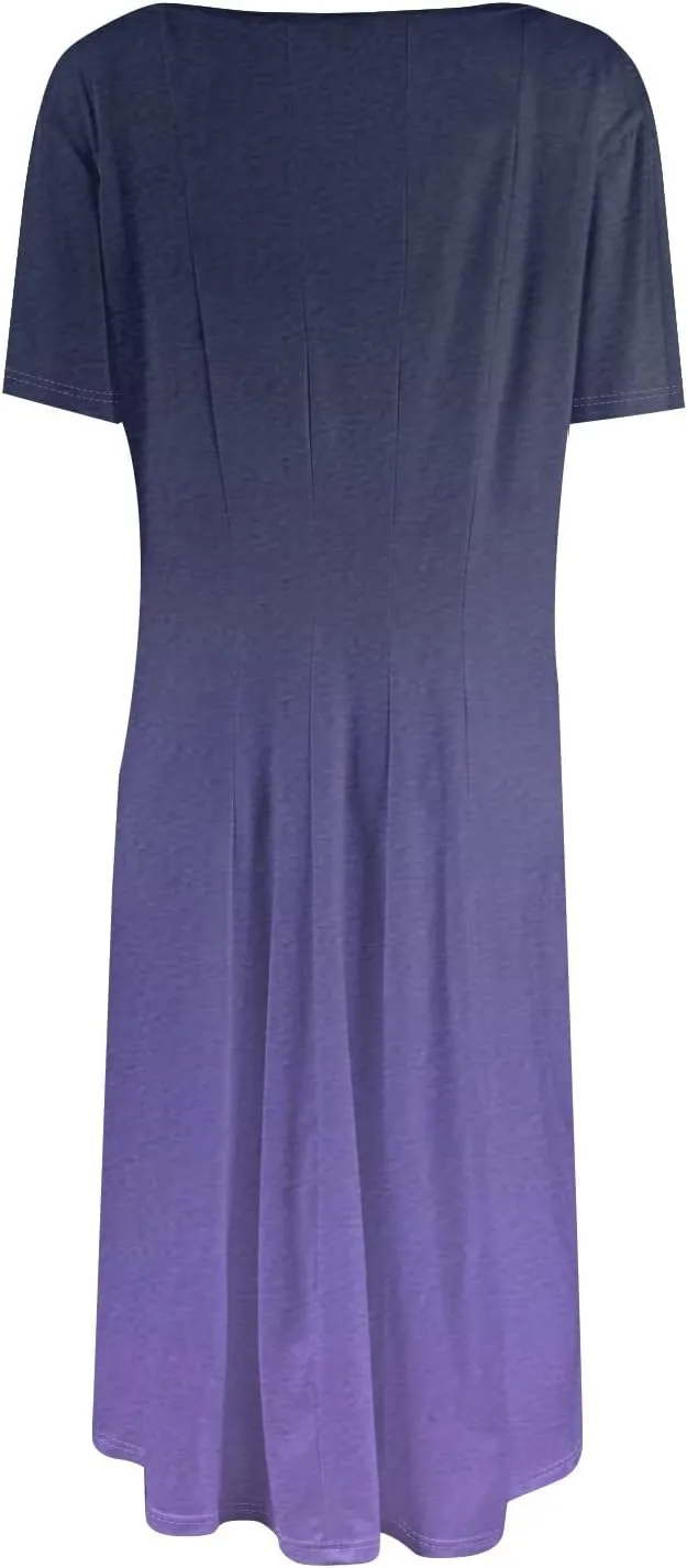 Womens Dresses 2025 Summer Cinch Waist Crewneck Short Sleeve A Line Dress Side Pockets Midi Sun Dress Vacation