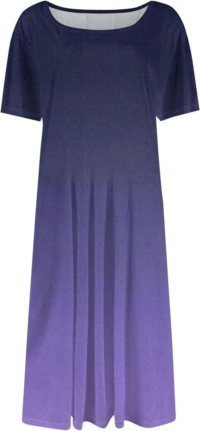 Womens Dresses 2025 Summer Cinch Waist Crewneck Short Sleeve A Line Dress Side Pockets Midi Sun Dress Vacation