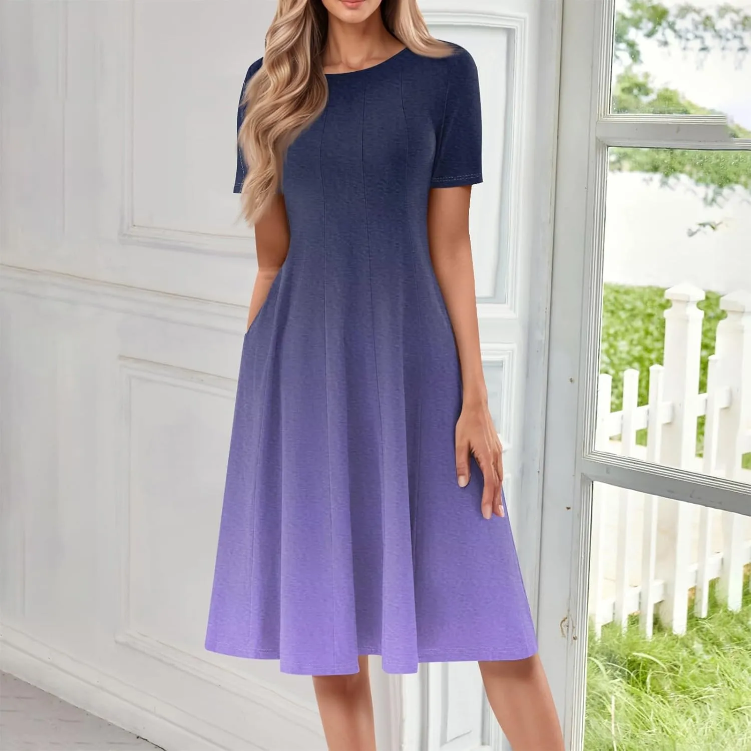 Womens Dresses 2025 Summer Cinch Waist Crewneck Short Sleeve A Line Dress Side Pockets Midi Sun Dress Vacation