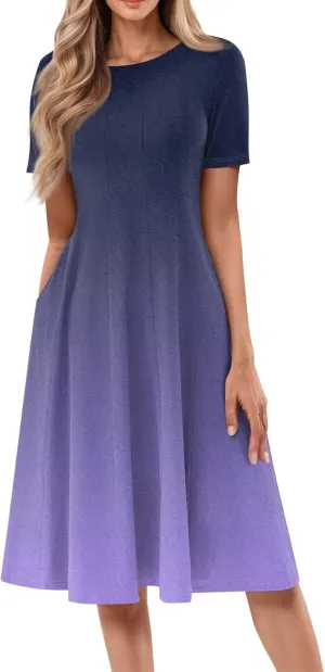 Womens Dresses 2025 Summer Cinch Waist Crewneck Short Sleeve A Line Dress Side Pockets Midi Sun Dress Vacation