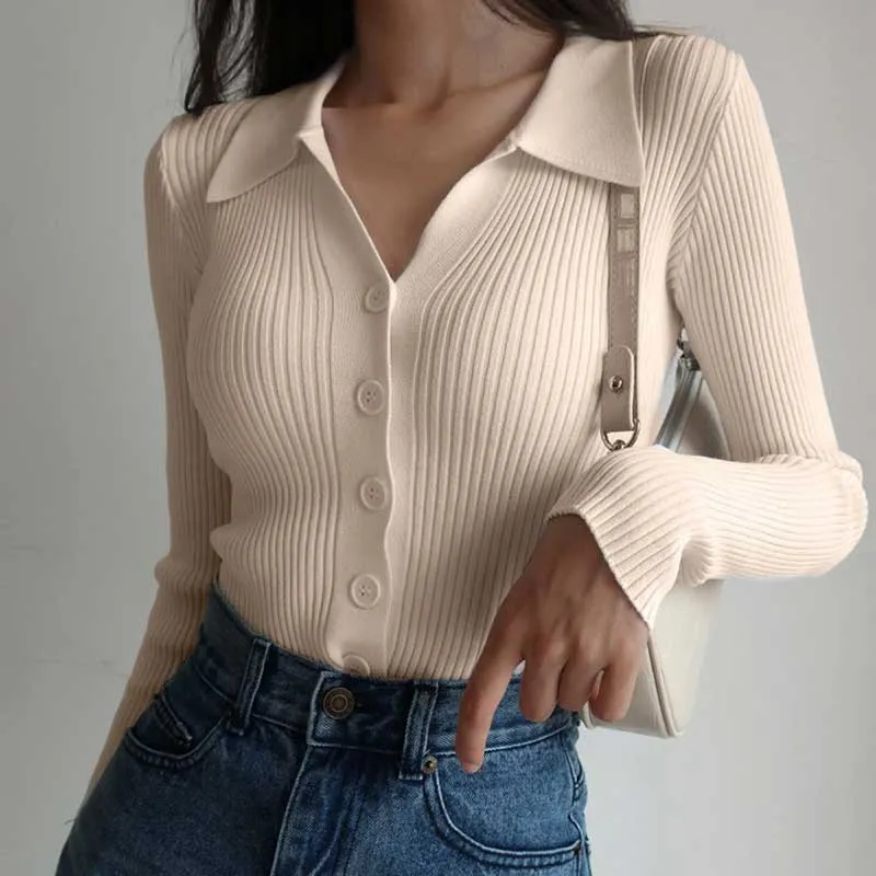 Womens Lapel Slim Slimming Tops V Neck Knit Cardigan