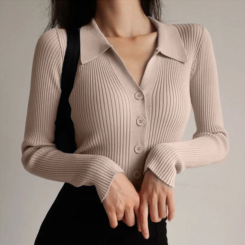 Womens Lapel Slim Slimming Tops V Neck Knit Cardigan