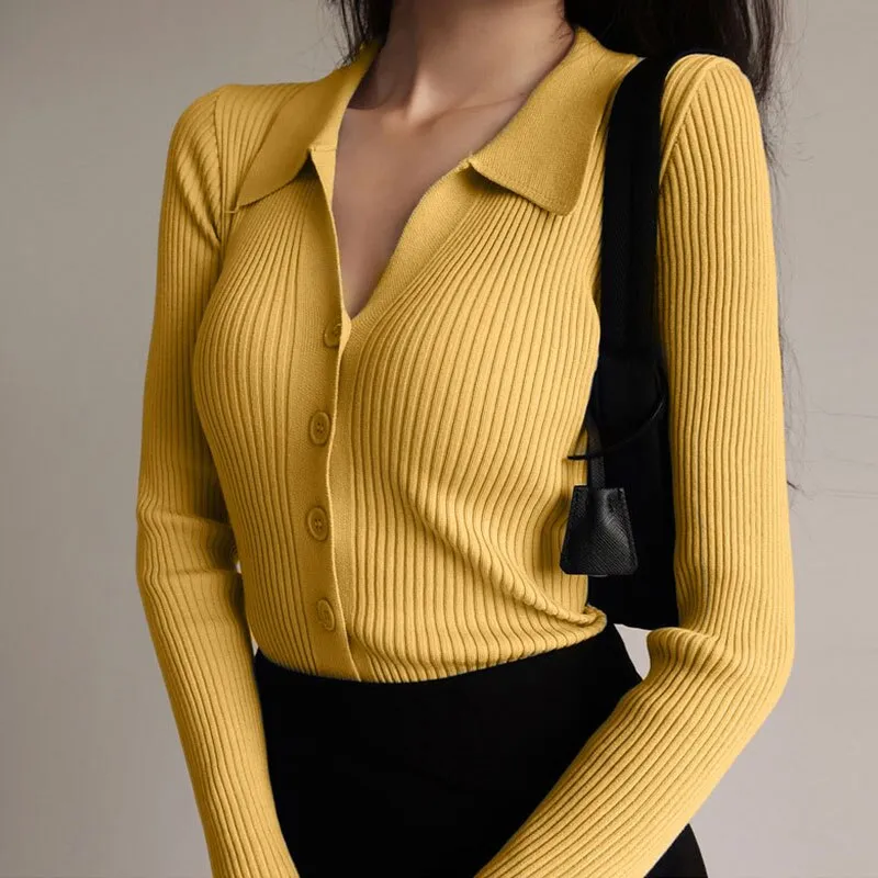 Womens Lapel Slim Slimming Tops V Neck Knit Cardigan