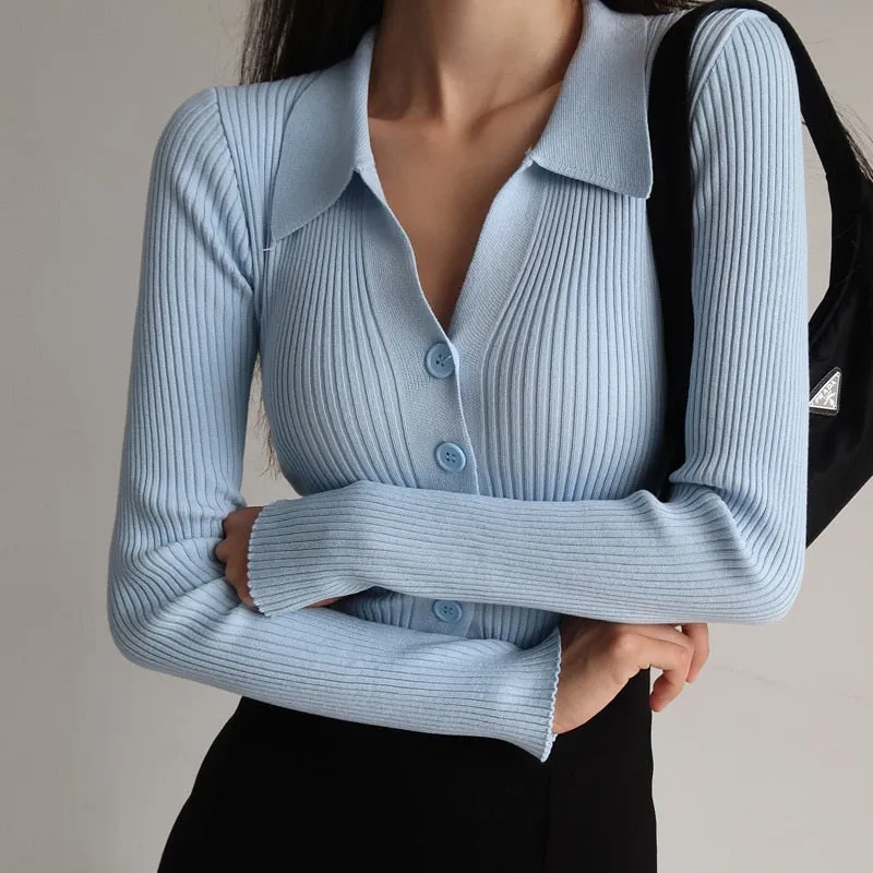 Womens Lapel Slim Slimming Tops V Neck Knit Cardigan
