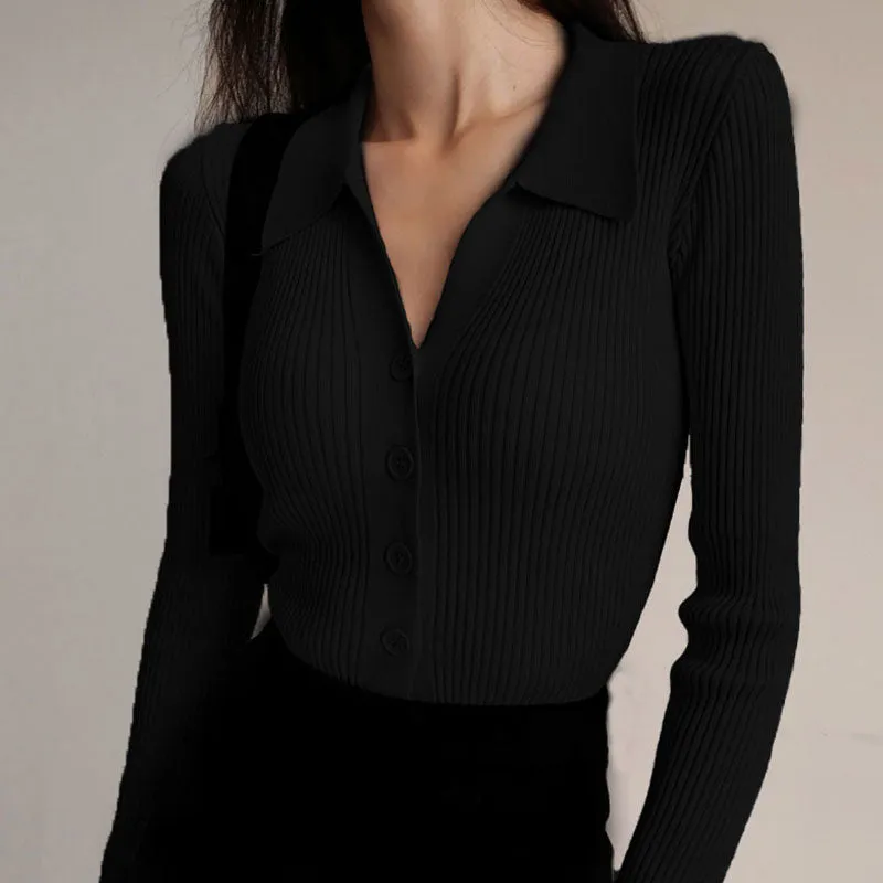 Womens Lapel Slim Slimming Tops V Neck Knit Cardigan