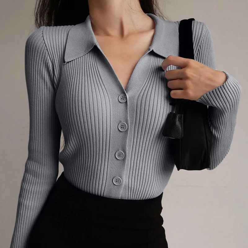 Womens Lapel Slim Slimming Tops V Neck Knit Cardigan