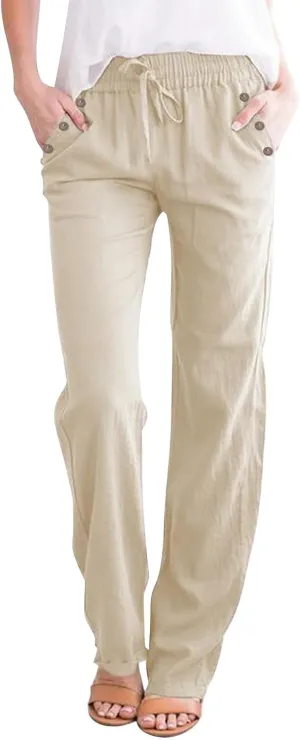 Womens Loose Straight Leg Linen Pants Lightweight Summer High Waist Trousers Drawstring Casual Work Sports Pant Plus