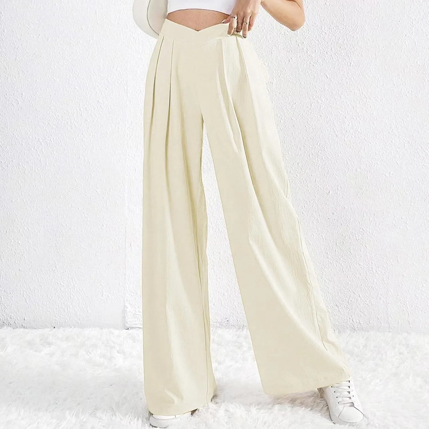 Womens Plus Size Wide Leg Pants Crossover Waist Pleated Front Work Business Casual Pant Lounge Slacks Trouser Pockets