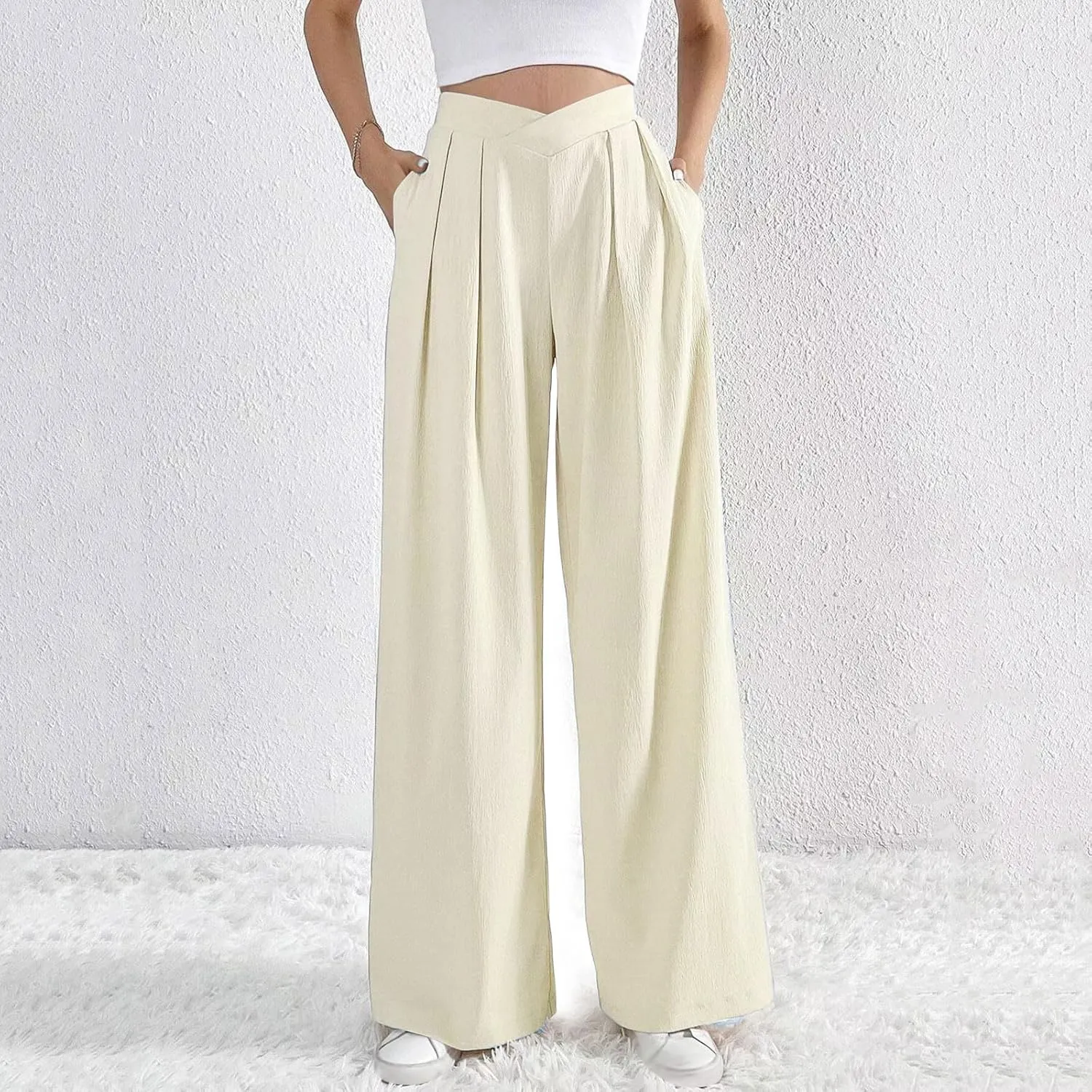 Womens Plus Size Wide Leg Pants Crossover Waist Pleated Front Work Business Casual Pant Lounge Slacks Trouser Pockets