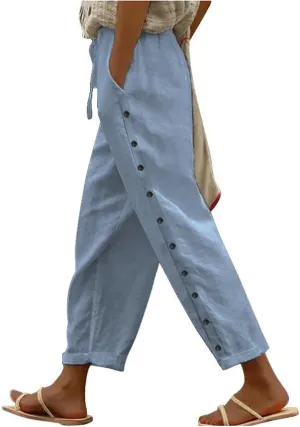 Womens Side Button Linen Pants for Summer Trendy Elastic Waist Straight Leg Loose Casual Cropped Trousers with Pocket