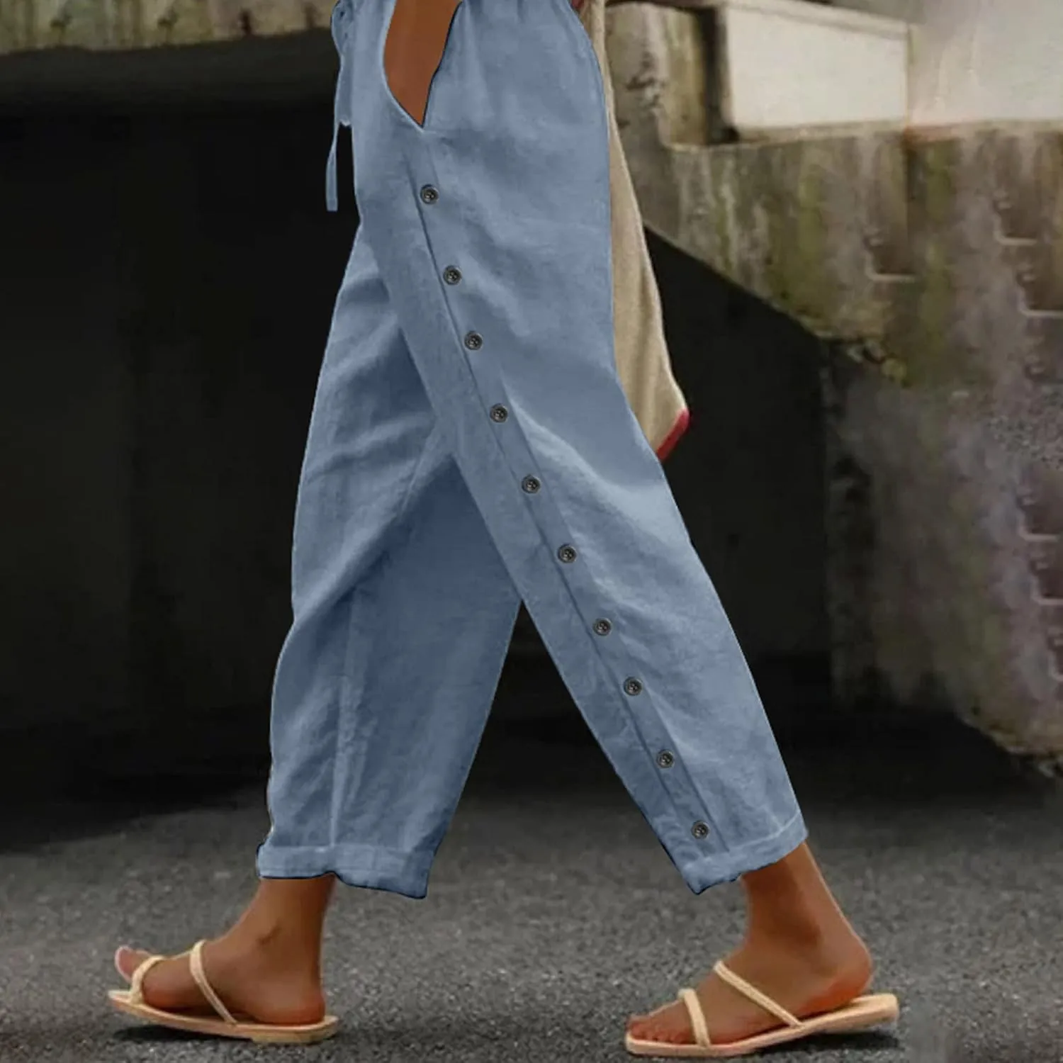 Womens Side Button Linen Pants for Summer Trendy Elastic Waist Straight Leg Loose Casual Cropped Trousers with Pocket