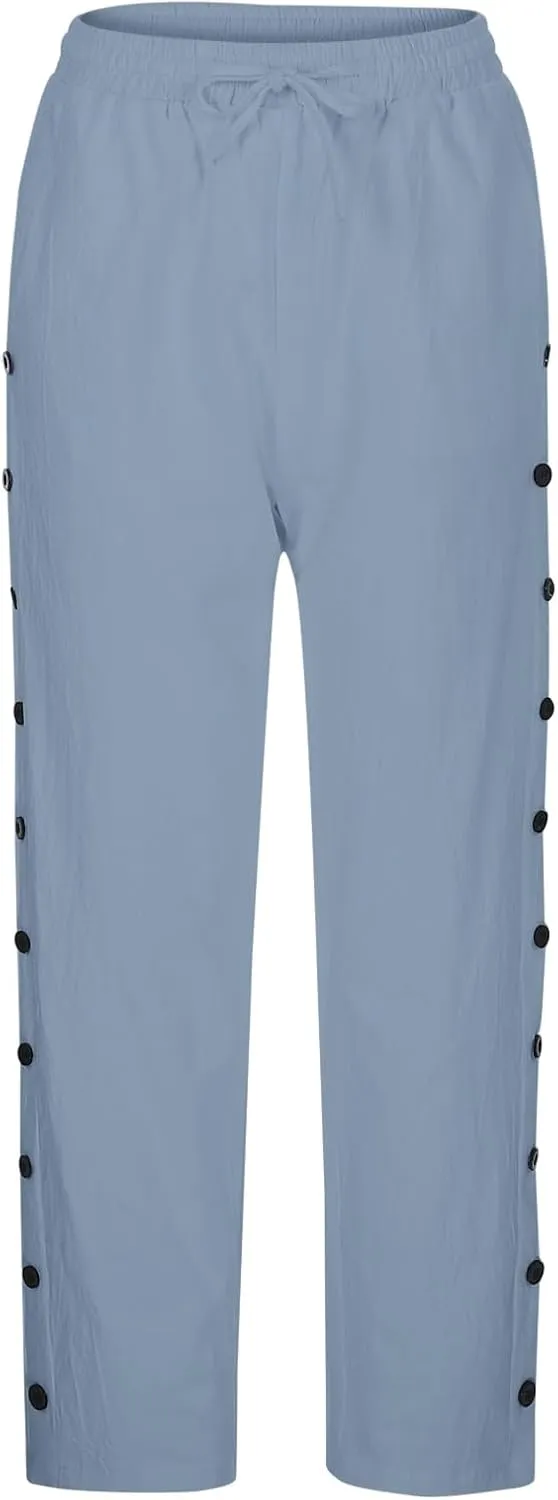 Womens Side Button Linen Pants for Summer Trendy Elastic Waist Straight Leg Loose Casual Cropped Trousers with Pocket