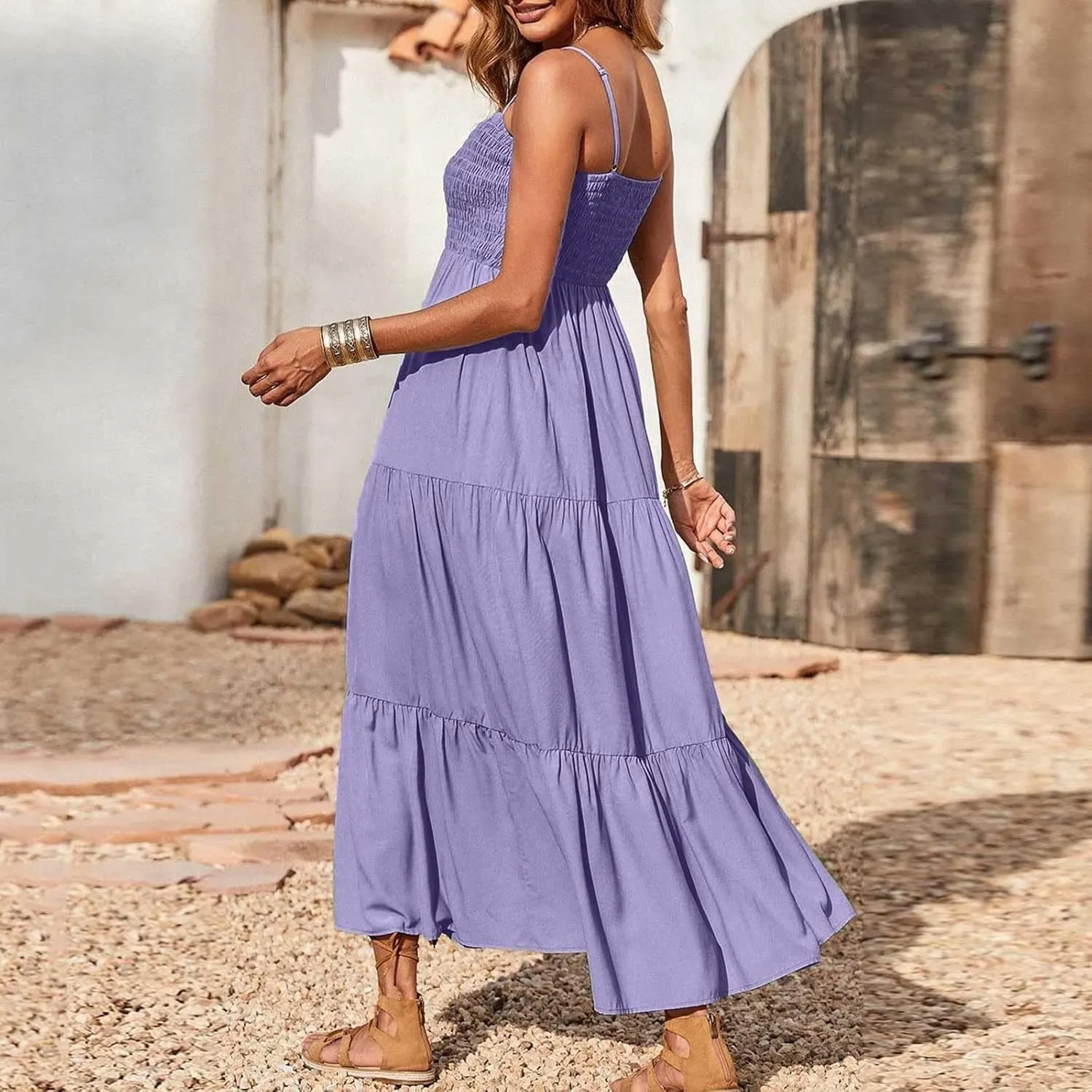 Women's Spaghetti Strap Corset A Line Tiered Swing Long Sundress Bohemian Summer Spring Dress, S-3XL