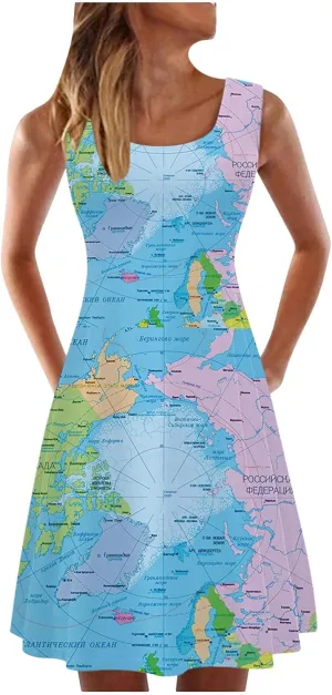 Women's Summer A-Line Dress Fashion Map Print Square Collar Sleeveless Sundresses Lightweight Flowy Hem Beach Dress