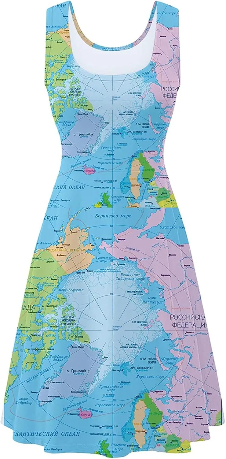 Women's Summer A-Line Dress Fashion Map Print Square Collar Sleeveless Sundresses Lightweight Flowy Hem Beach Dress