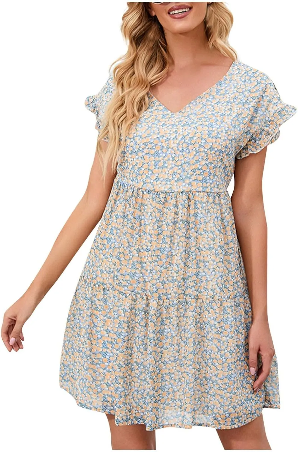 Womens Summer Dresses Square Neck Tie Back Mini Dress Short Sleeve Ruffle A-Line Casual Loose Dress
