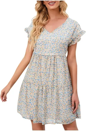 Womens Summer Dresses Square Neck Tie Back Mini Dress Short Sleeve Ruffle A-Line Casual Loose Dress