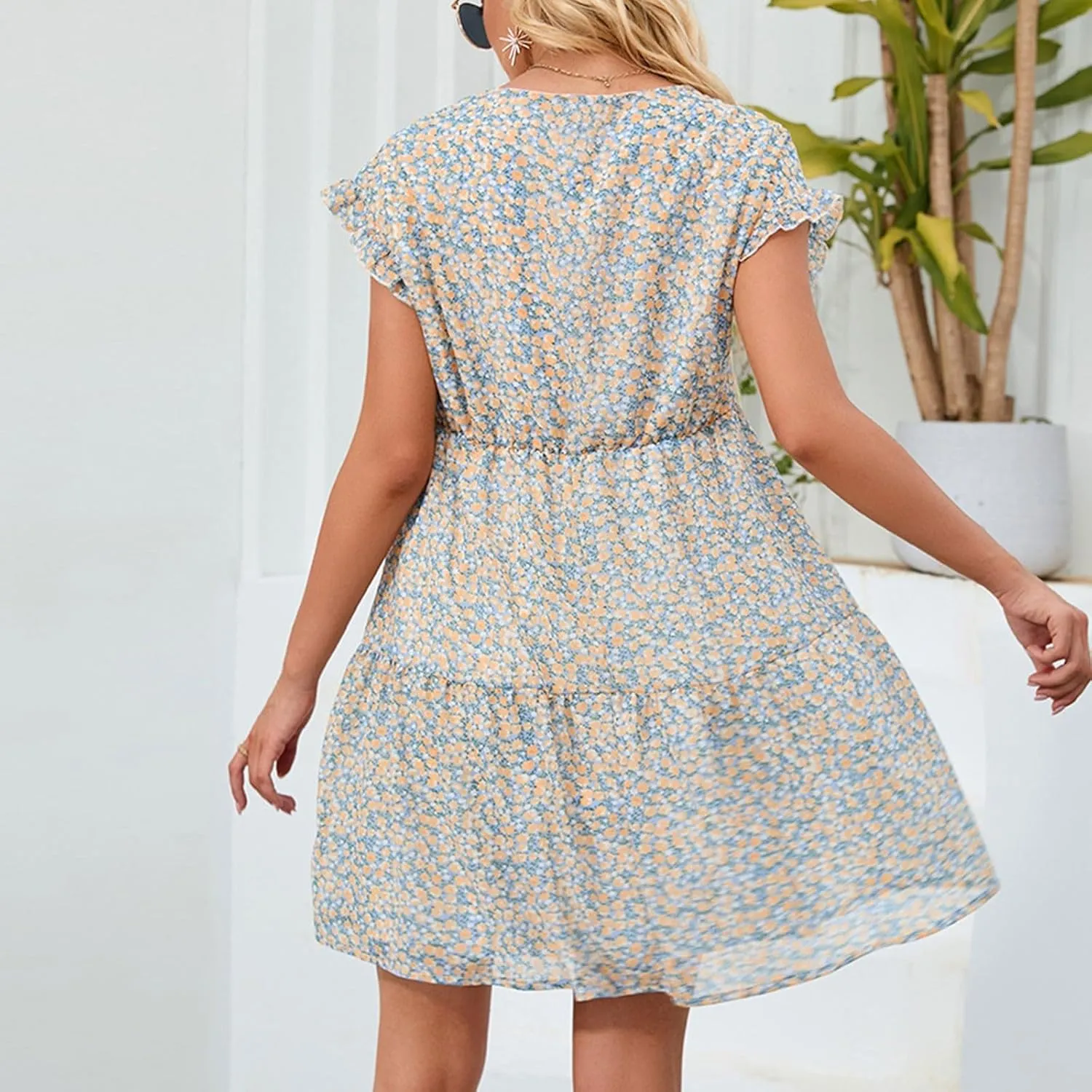 Womens Summer Dresses Square Neck Tie Back Mini Dress Short Sleeve Ruffle A-Line Casual Loose Dress