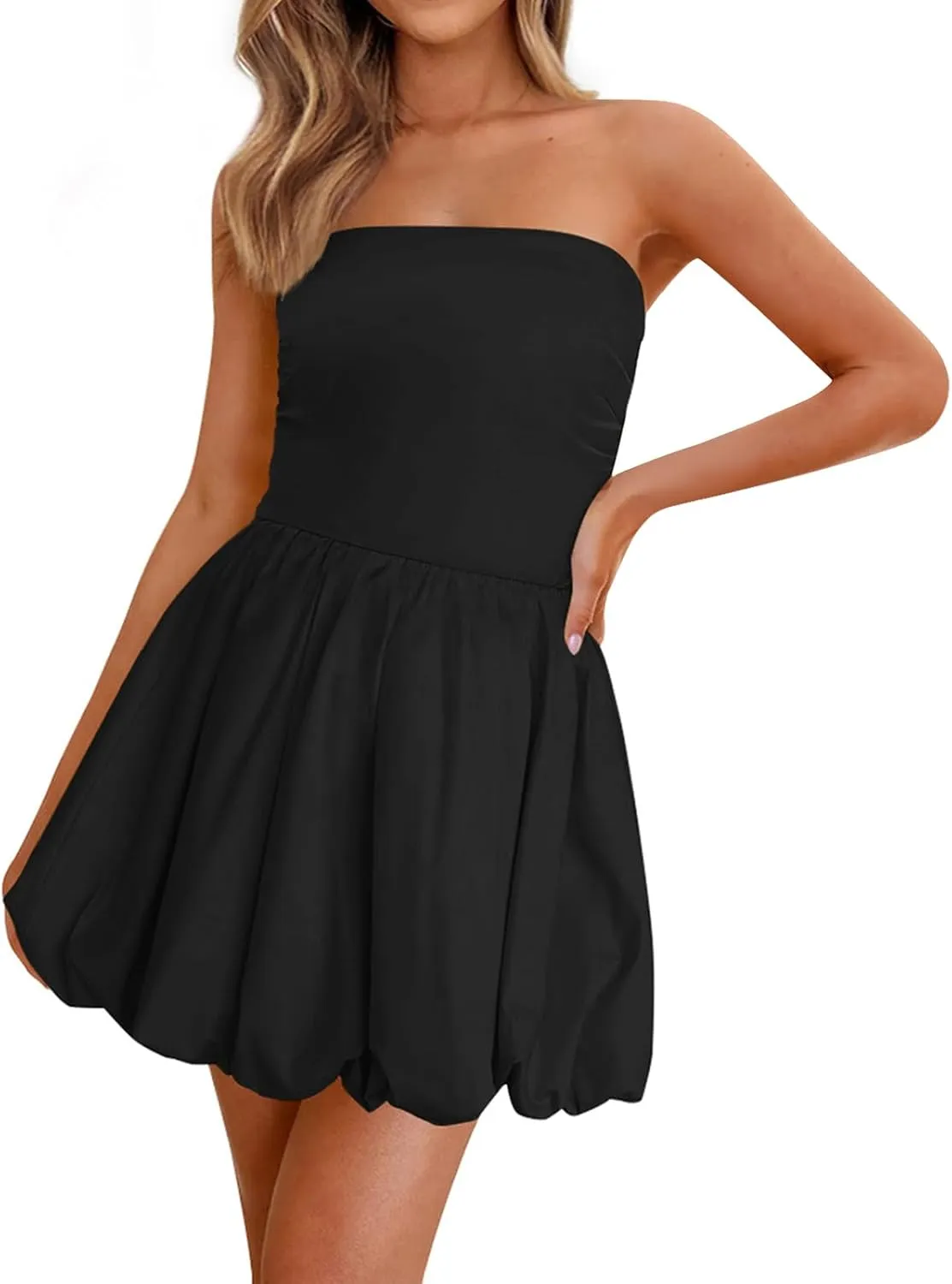 Women's Summer Mini Dress Sexy Strapless Tube Dress Sleeveless Backless Tiered Layered Ruffle Hem A-Line Short Dresses