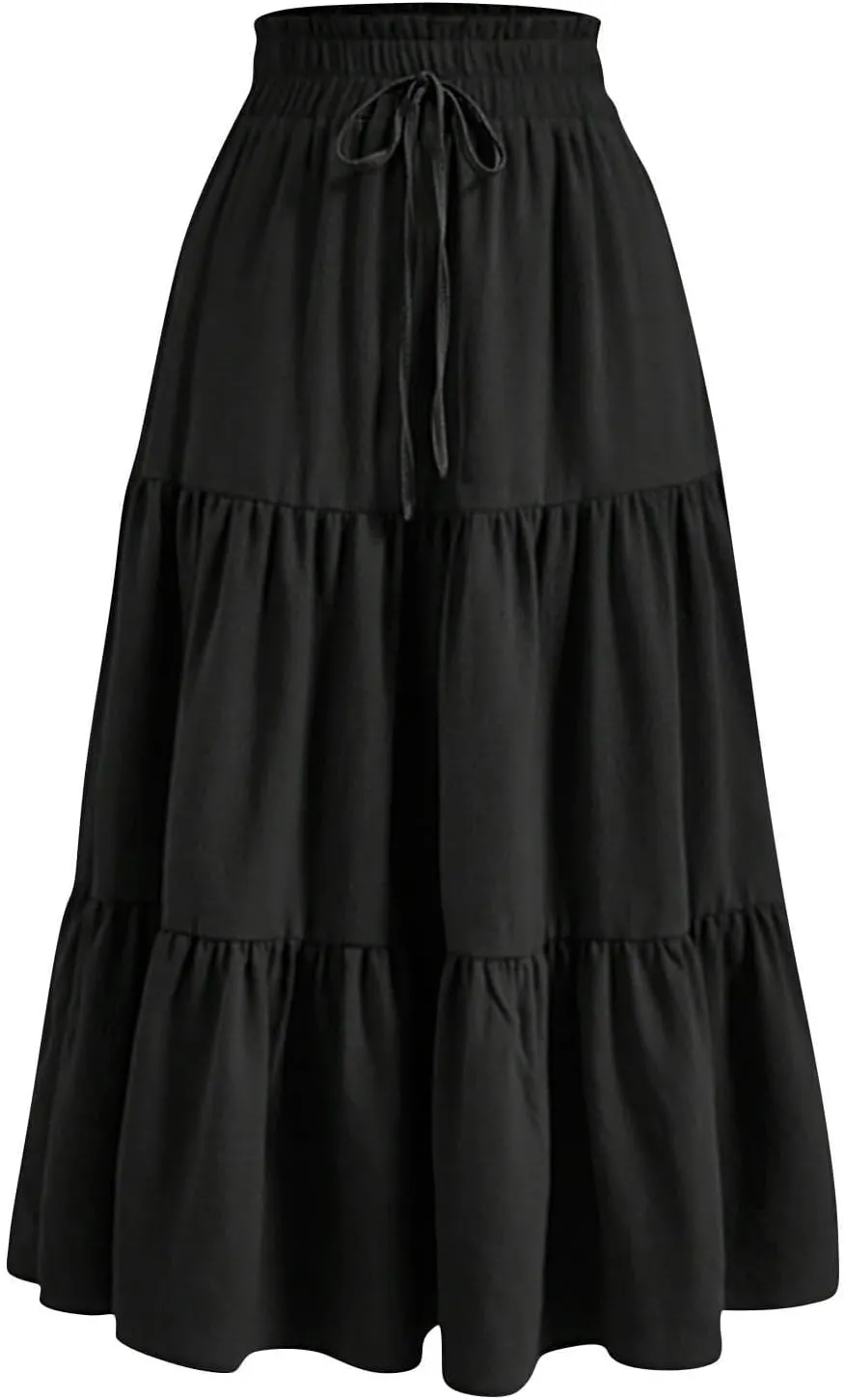 Women's Summer Pure Color Casual Skirt - Drawstring Elastic Waist with Pockets, Pleated Flowy A-Line Midi Skirts