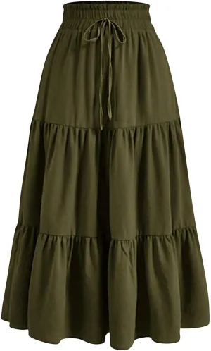 Women's Summer Pure Color Casual Skirt - Drawstring Elastic Waist with Pockets, Pleated Flowy A-Line Midi Skirts