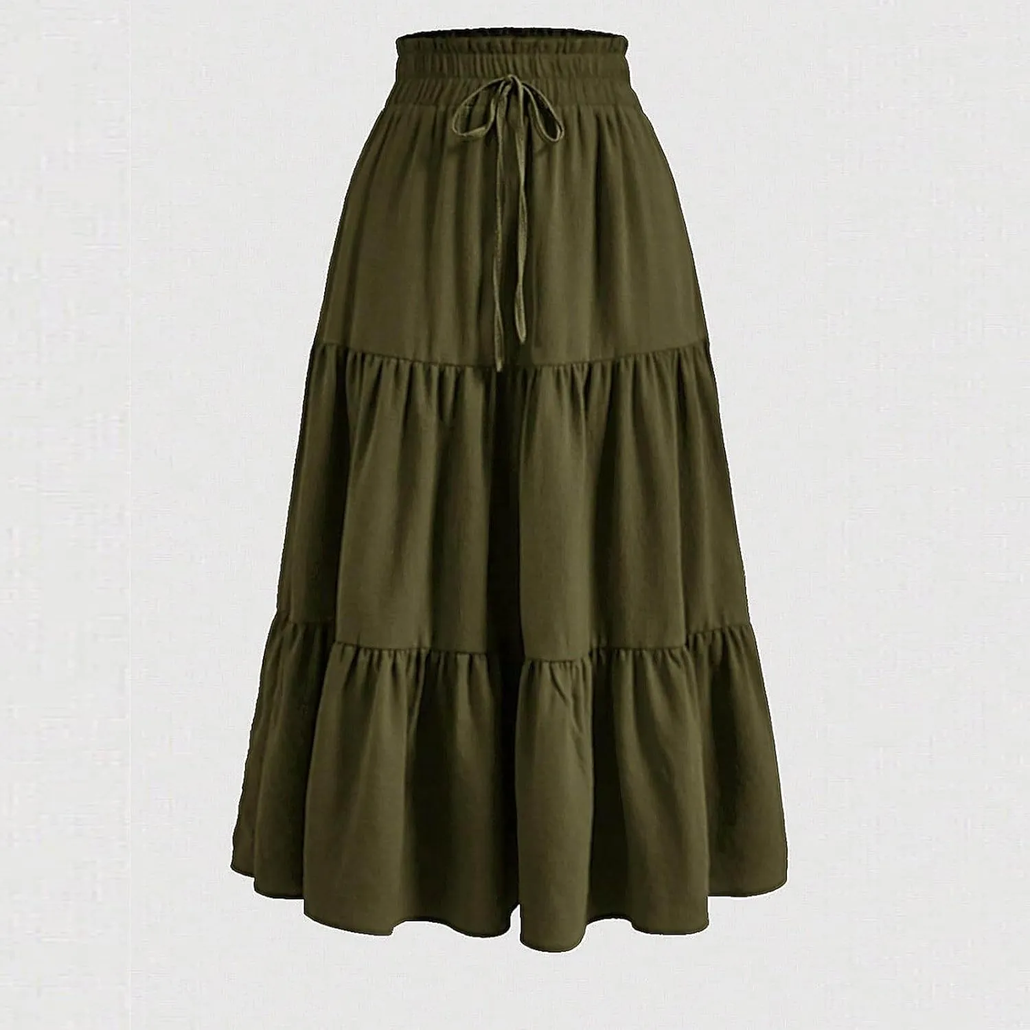 Women's Summer Pure Color Casual Skirt - Drawstring Elastic Waist with Pockets, Pleated Flowy A-Line Midi Skirts