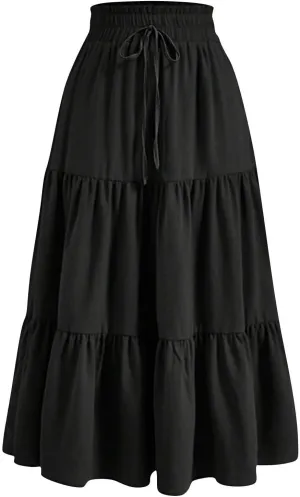 Women's Summer Pure Color Casual Skirt - Drawstring Elastic Waist with Pockets, Pleated Flowy A-Line Midi Skirts