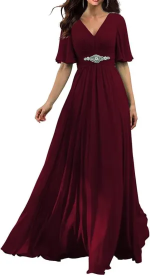 Women's V Neck Bridesmaid Dresses with Flutter Sleeves Chiffon A Line Formal Evening Dress